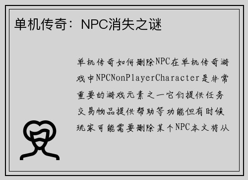 单机传奇：NPC消失之谜